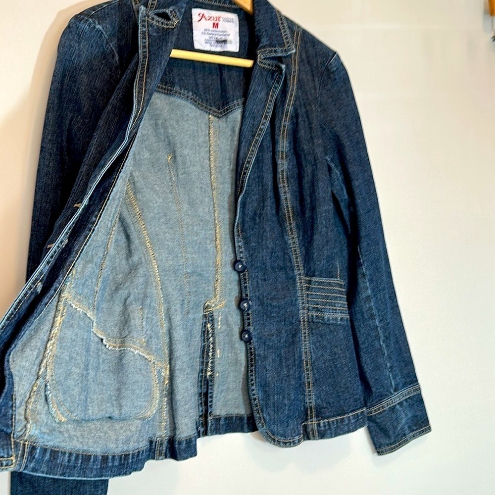 Azur Womens Size M Denim Jacket Blazer Coat Buttons Pockets Stitched Stretchy - Picture 13 of 14